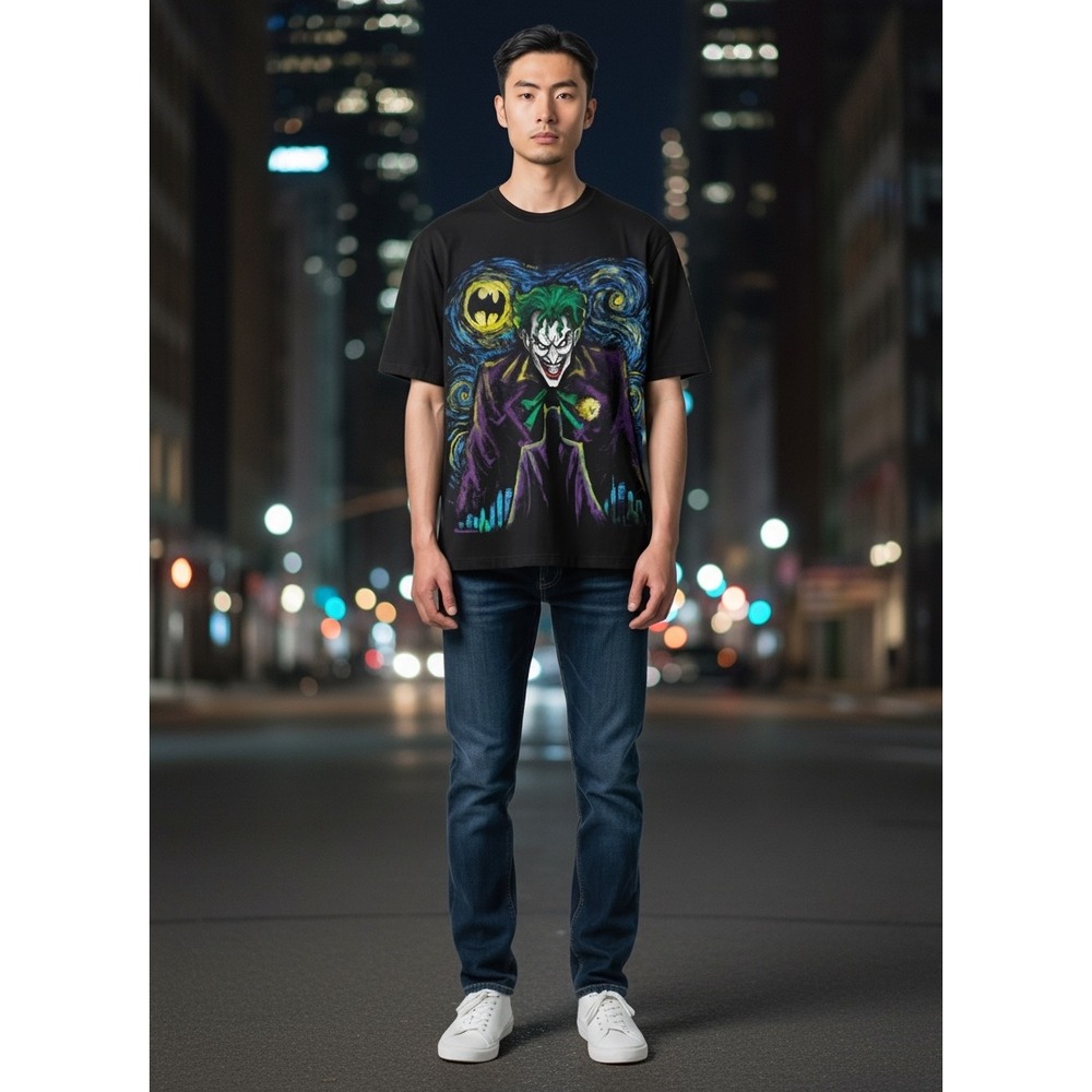Batman The Joker Starry Night Graphic Tee Black XL DC Comics Art Mashup T-Shirt